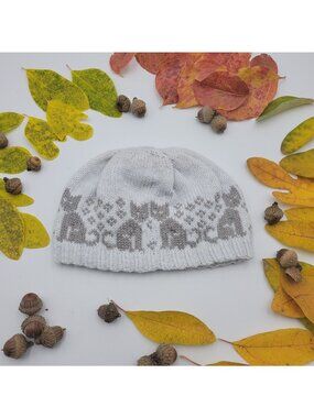 Hand Knit Handmade Hat Baby Toddler 12m - 2T Unisex Beanie CATS White Gray KT008